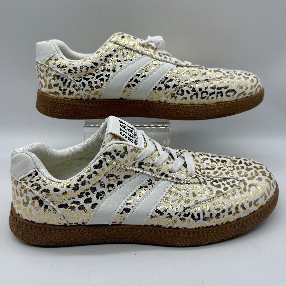 Stay Real Asmin X Metallic Gold Leopard Print Sneakers White Women's Size 11
